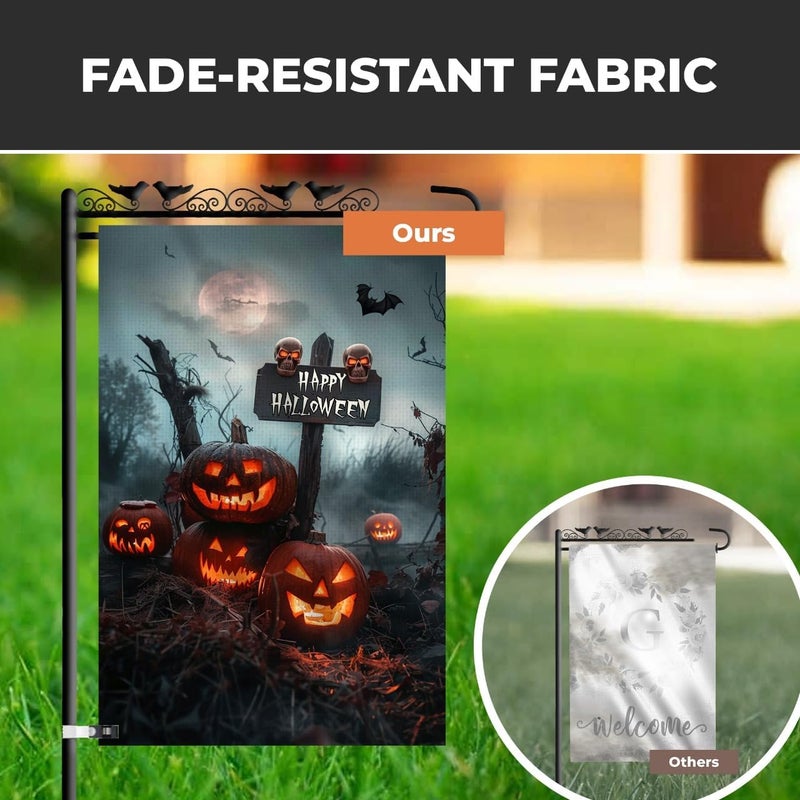 KarvePro Happy Halloween Garden Flag 12x18 – Double Sided Burlap Fall Outdoor Flag with Jack-o'-Lanterns, Skulls, Bats & Graveyard Scene - Image 4